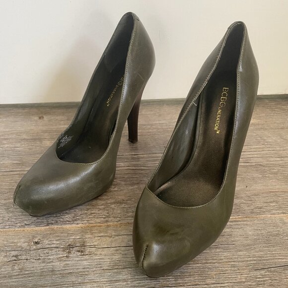 BCBGeneration Holmy Genuine Dark Leather Olive Green Hidden Platform Stilettos - Picture 2 of 10